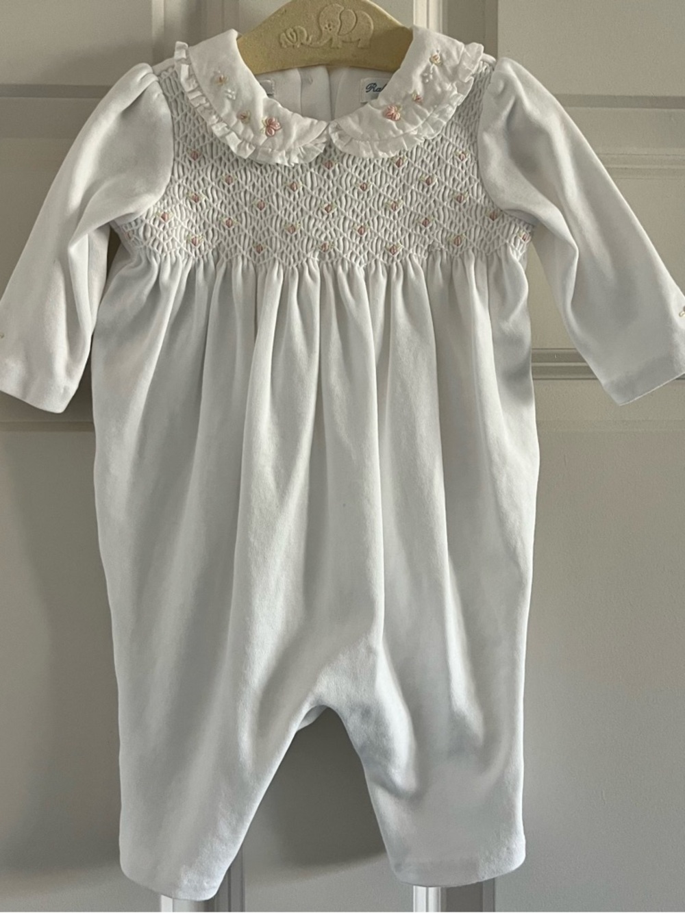 Polo by Ralph Lauren White Hand Smocked Infant Footie with Pink Embroidery